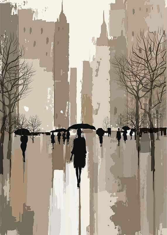 Illustrated people with umbrellas in urban environment, brown tones-12
