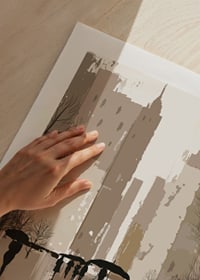 Illustrated people with umbrellas in urban environment, brown tones-9