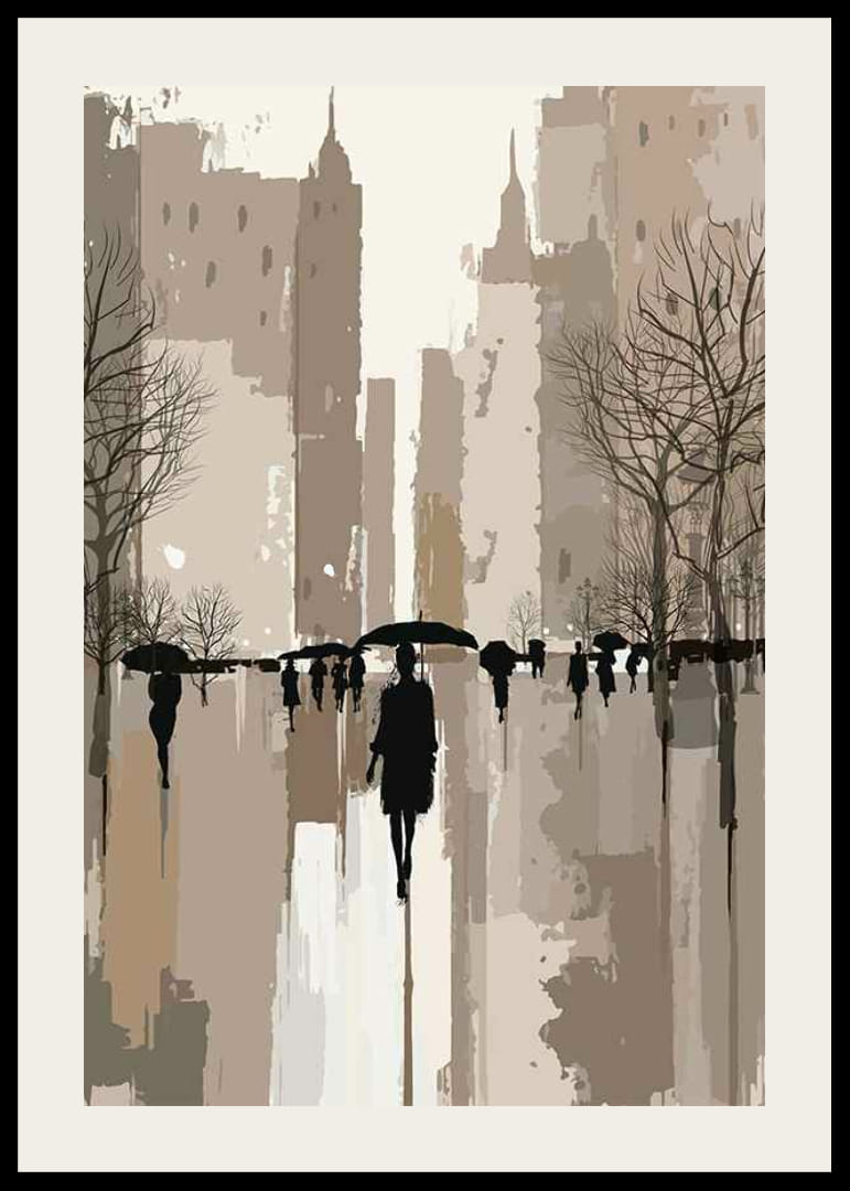 Illustrerade människor med paraplyer i stadsmiljö, bruna toner-12