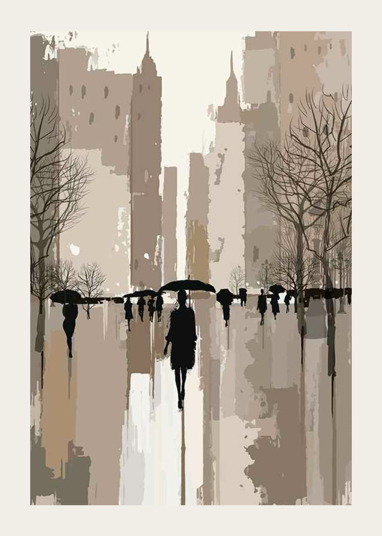Illustrated people with umbrellas in urban environment, brown tones-12