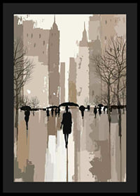 Illustrated people with umbrellas in urban environment, brown tones-4