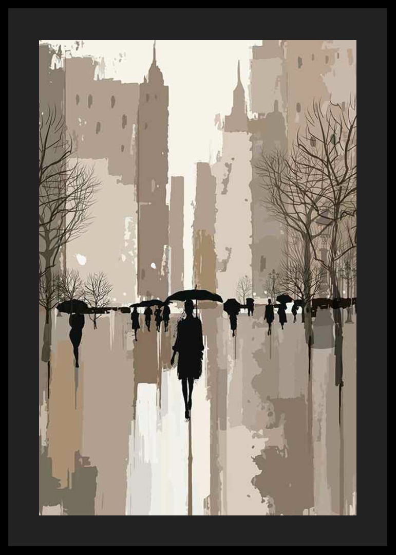 Illustrated people with umbrellas in urban environment, brown tones-12