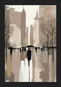 Illustrated people with umbrellas in urban environment, brown tones-5