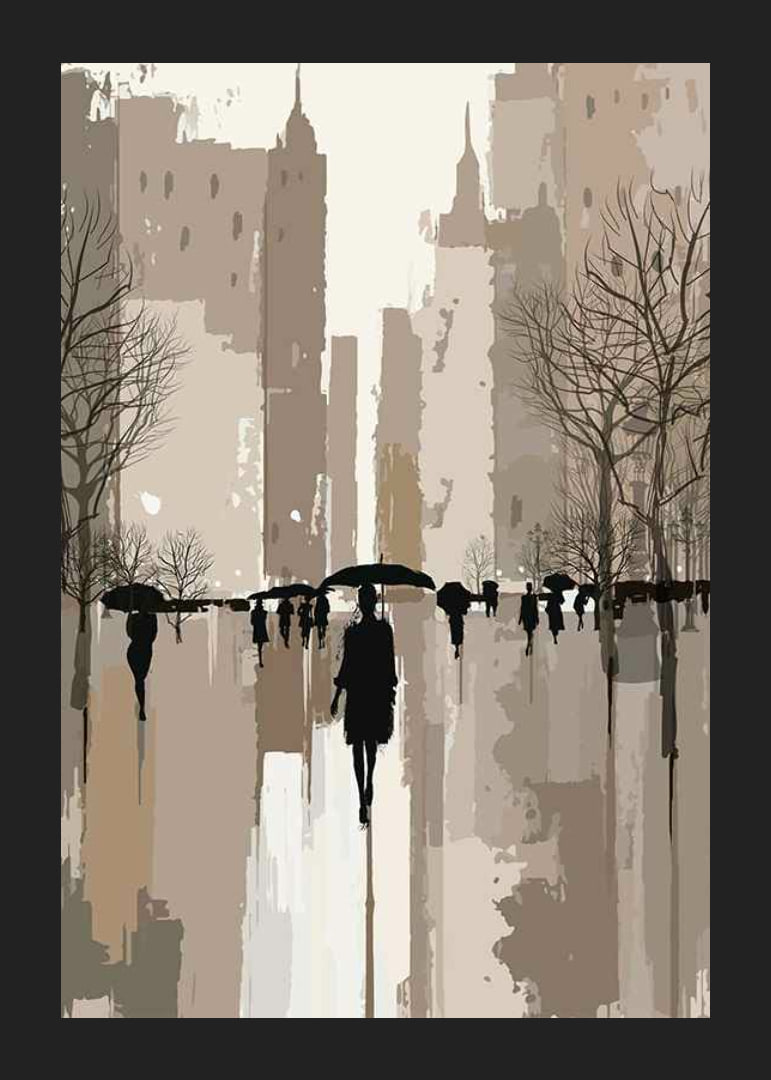 Illustrated people with umbrellas in urban environment, brown tones-12