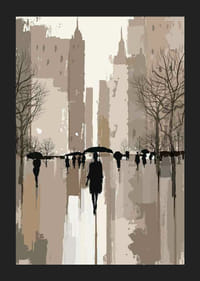 Illustrerade människor med paraplyer i stadsmiljö, bruna toner-5