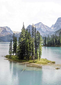 Fotografia di una foresta di abeti rossi su una piccola isola in un lago azzurro e limpido con montagne-7