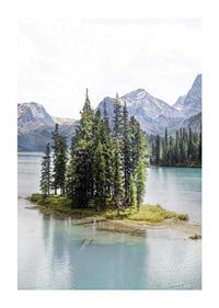 Fotografia di una foresta di abeti rossi su una piccola isola in un lago azzurro e limpido con montagne-1