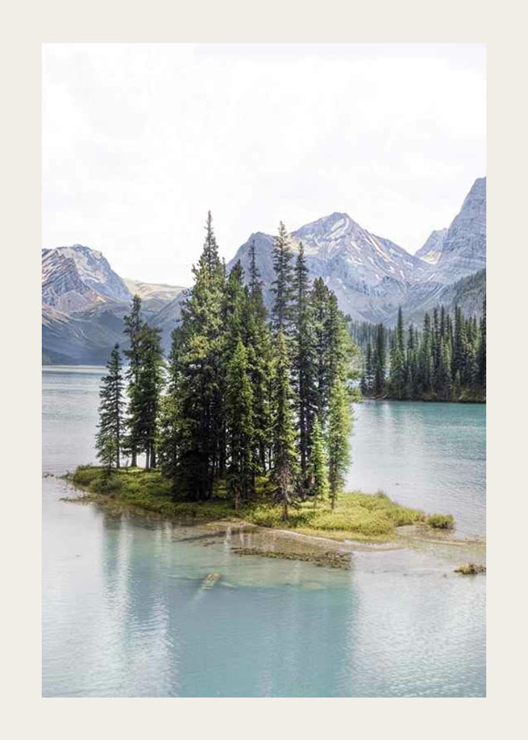 Fotografía de un bosque de abetos en una pequeña isla en un lago azul claro con montañas.-12