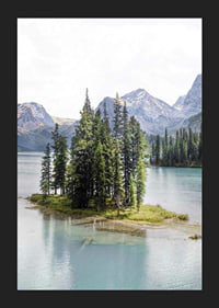Fotografia di una foresta di abeti rossi su una piccola isola in un lago azzurro e limpido con montagne-5