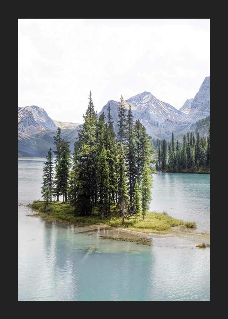 Fotografía de un bosque de abetos en una pequeña isla en un lago azul claro con montañas.-12