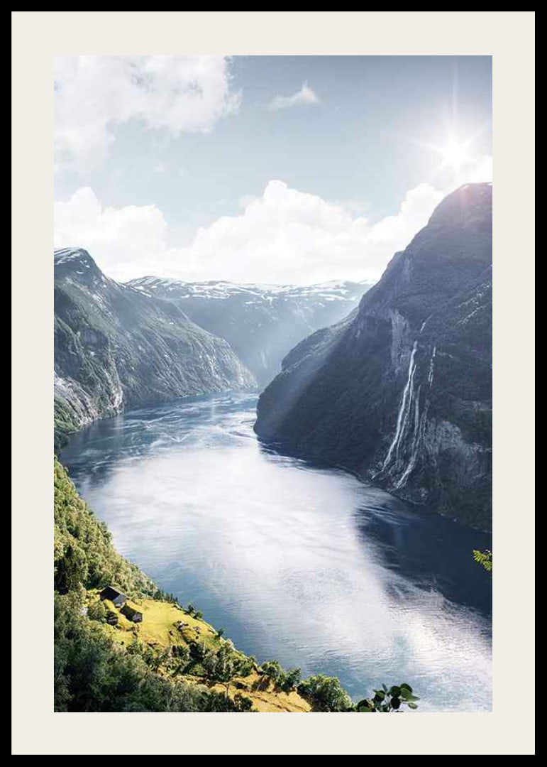 Photograph of the Geirangerfjord with high mountains and waterfalls-12