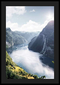 Photograph of the Geirangerfjord with high mountains and waterfalls-4