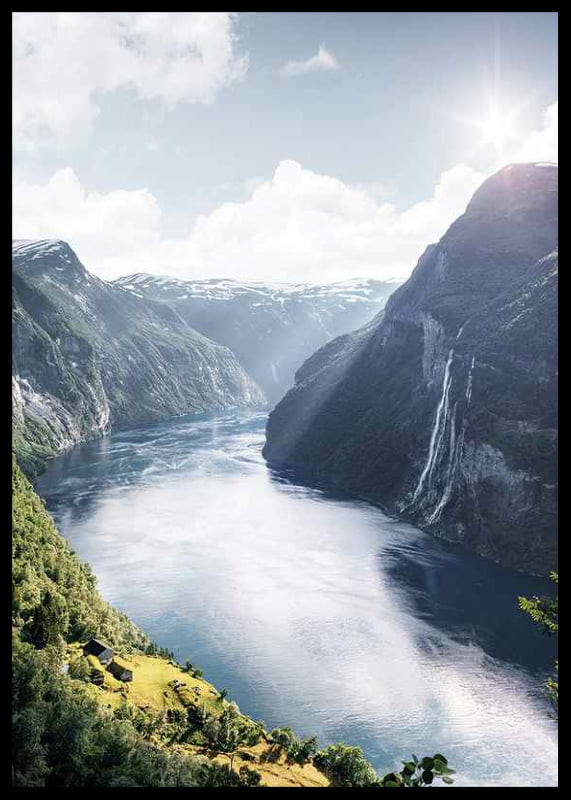 Photograph of the Geirangerfjord with high mountains and waterfalls-12