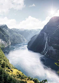 Photograph of the Geirangerfjord with high mountains and waterfalls-7
