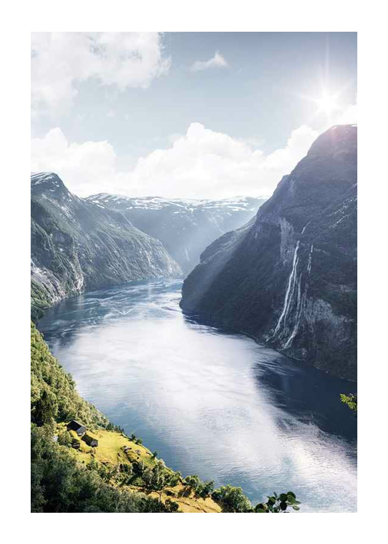 Photograph of the Geirangerfjord with high mountains and waterfalls-12