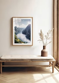 Photograph of the Geirangerfjord with high mountains and waterfalls-8