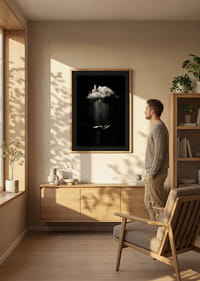 Svartvit fotokonst med hand under regnande moln-8