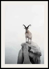 Photographic ibex with curved horns on cliff, foggy background-2