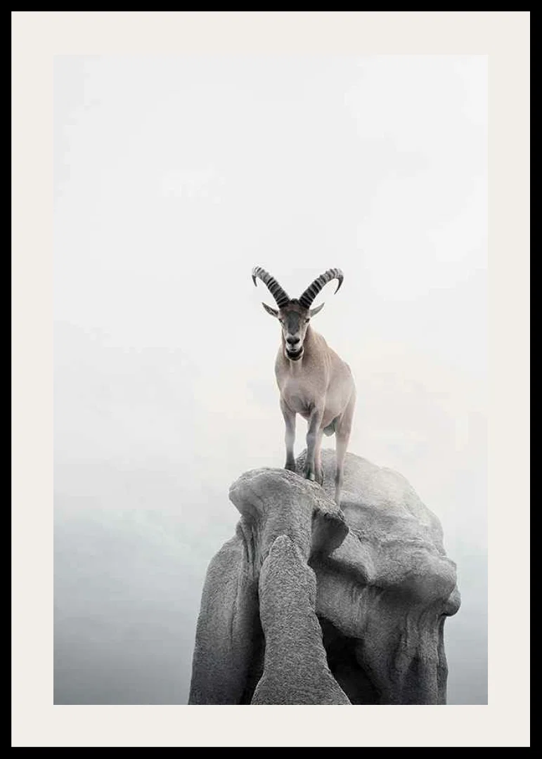 Photographic ibex with curved horns on cliff, foggy background-12