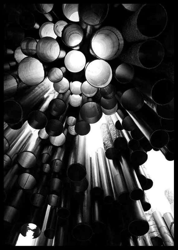 Black and white photograph of the metal pipes of the Sibelius Monument in Helsinki-12