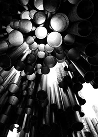 Black and white photograph of the metal pipes of the Sibelius Monument in Helsinki-7