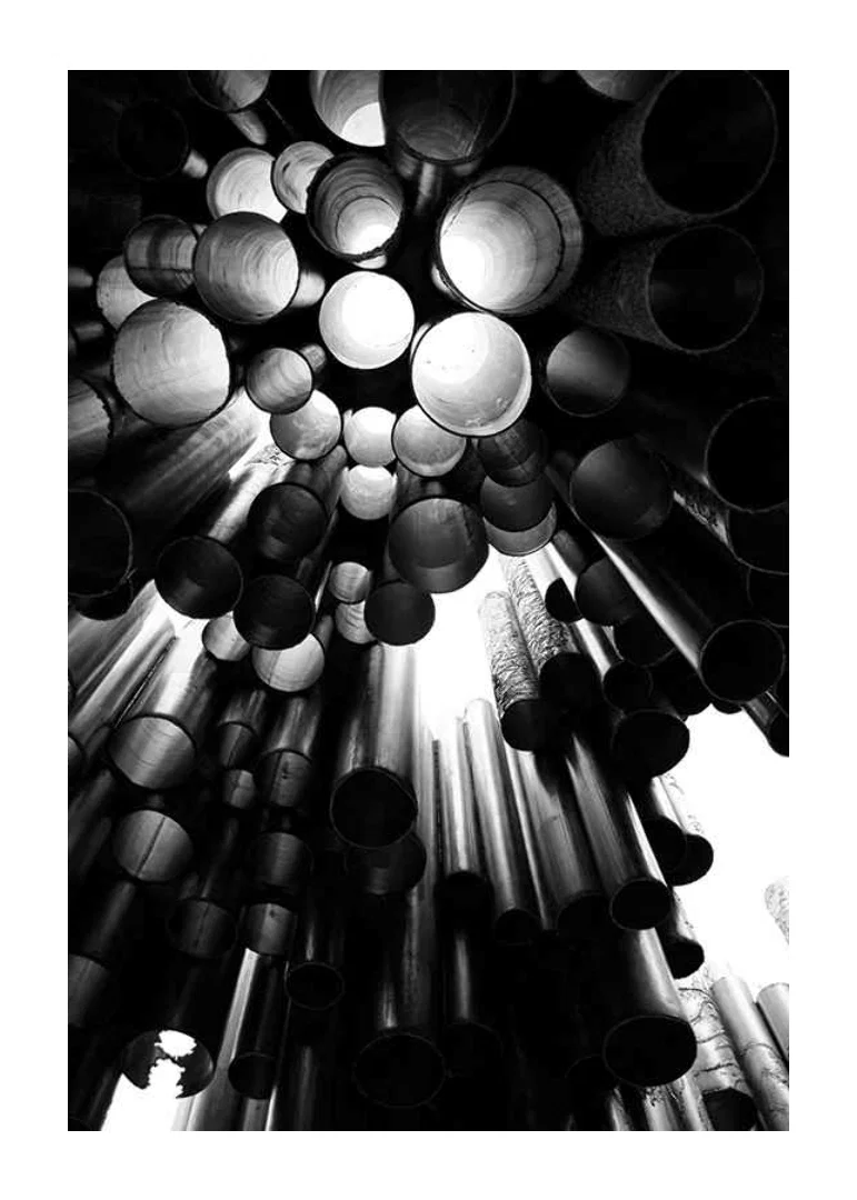 Black and white photograph of the metal pipes of the Sibelius Monument in Helsinki-12