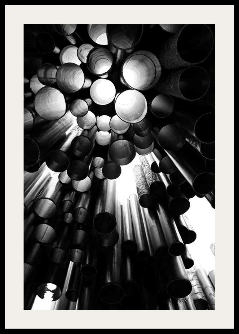 Black and white photograph of the metal pipes of the Sibelius Monument in Helsinki-12