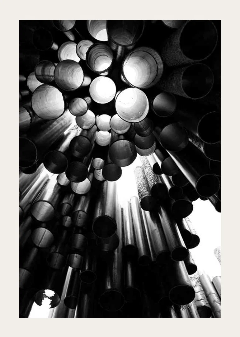 Black and white photograph of the metal pipes of the Sibelius Monument in Helsinki-12