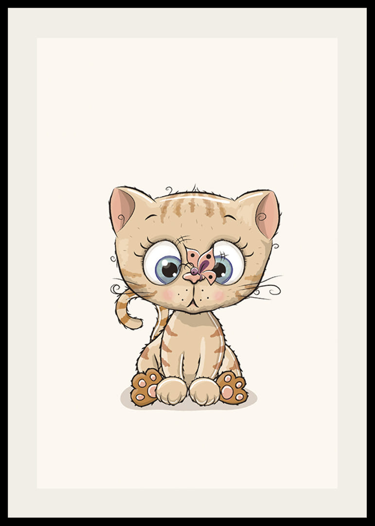 Kuva pienestä vaaleanruskeasta kissanpennusta, jolla on silmät suurina ja perhonen nenässään-12