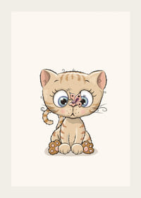 Kuva pienestä vaaleanruskeasta kissanpennusta, jolla on silmät suurina ja perhonen nenässään-3