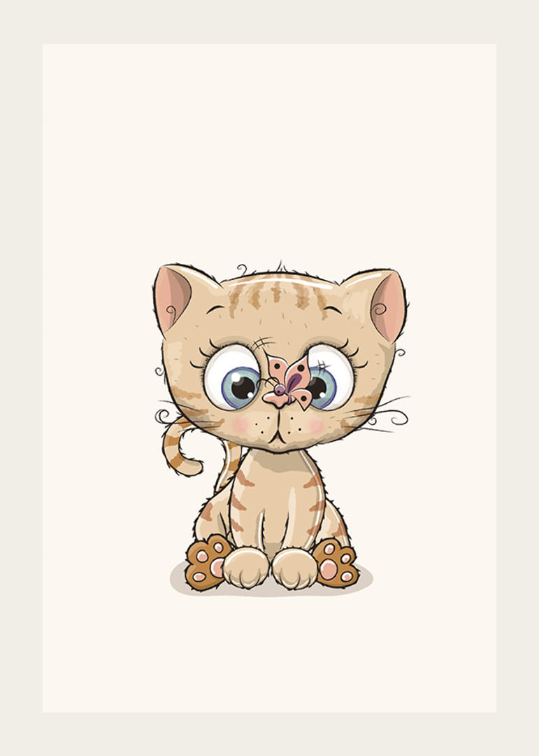 Kuva pienestä vaaleanruskeasta kissanpennusta, jolla on silmät suurina ja perhonen nenässään-12