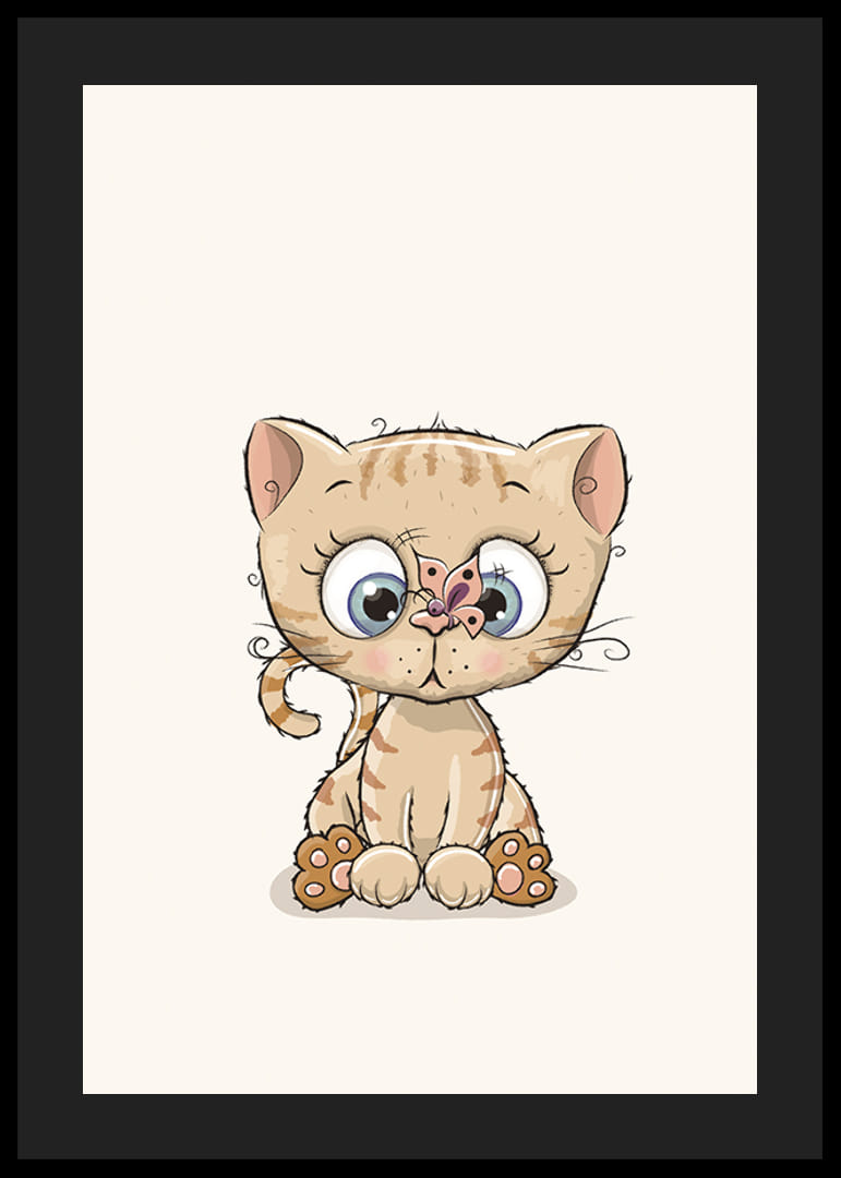 Kuva pienestä vaaleanruskeasta kissanpennusta, jolla on silmät suurina ja perhonen nenässään-12