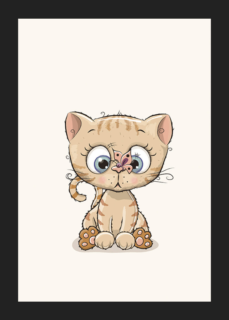 Kuva pienestä vaaleanruskeasta kissanpennusta, jolla on silmät suurina ja perhonen nenässään-12