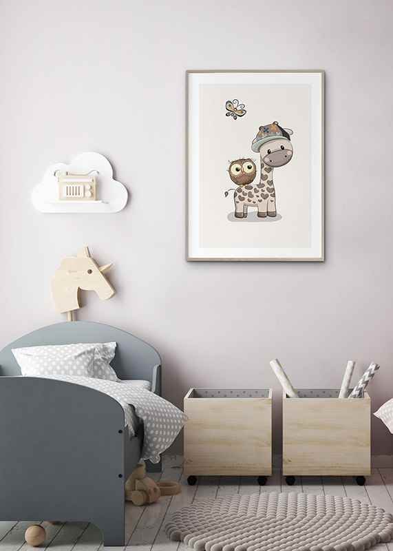 Illustrated giraffe with cap, owl and butterfly in soft colors-12