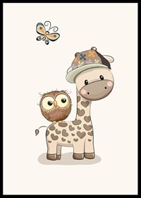Illustrated giraffe with cap, owl and butterfly in soft colors-6