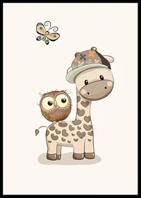 Illustrated giraffe with cap, owl and butterfly in soft colors-6