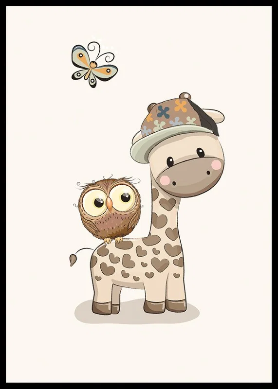 Illustrated giraffe with cap, owl and butterfly in soft colors-12