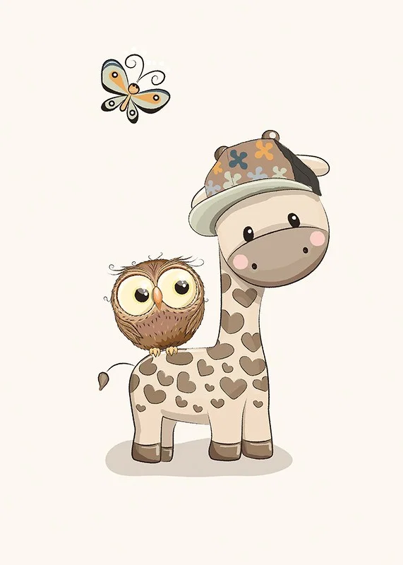 Illustrated giraffe with cap, owl and butterfly in soft colors-12