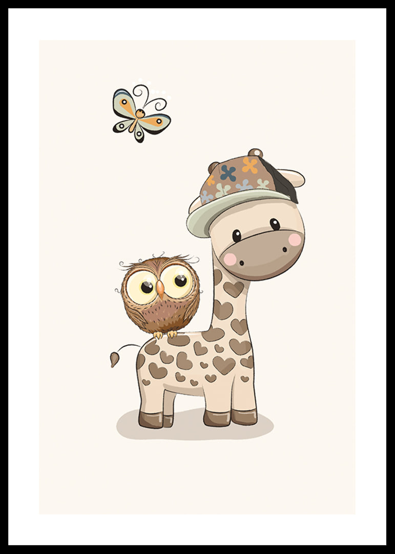 Illustrated giraffe with cap, owl and butterfly in soft colors-12