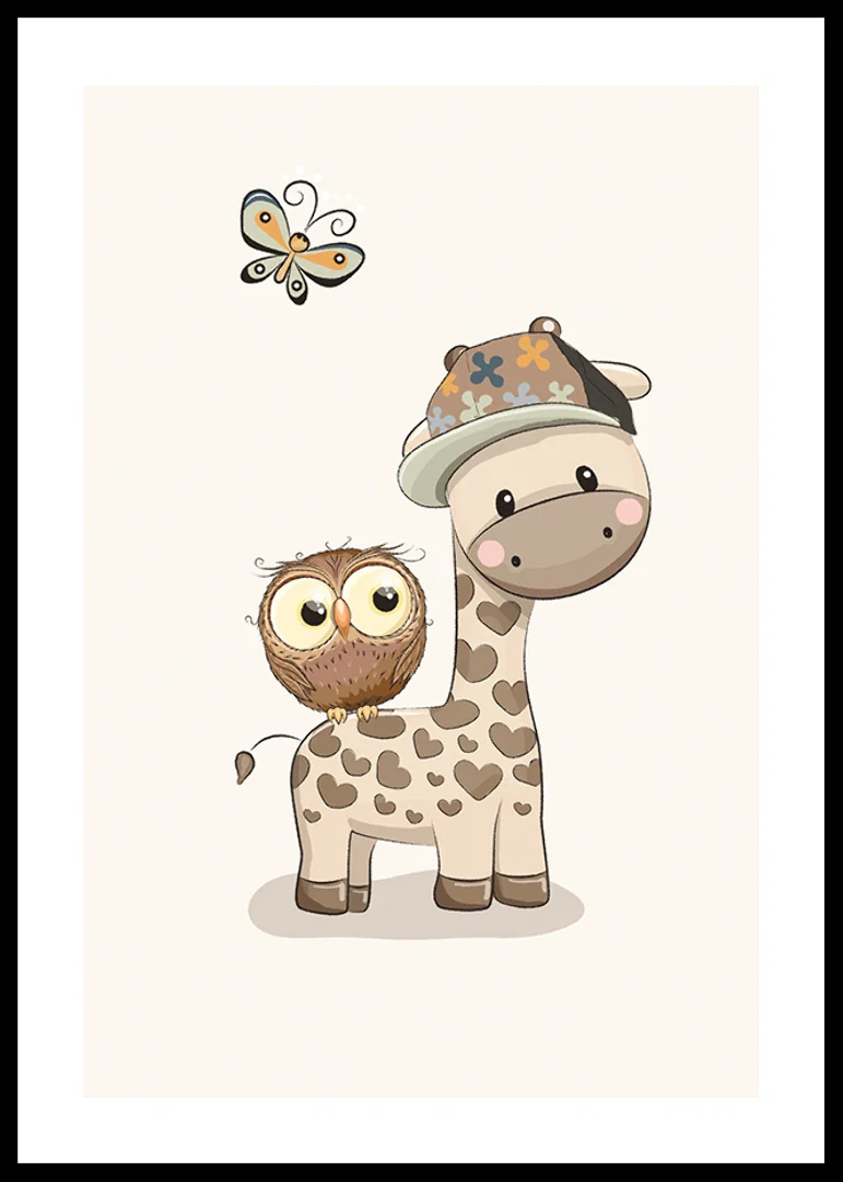 Illustrated giraffe with cap, owl and butterfly in soft colors-12