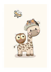 Illustrated giraffe with cap, owl and butterfly in soft colors-1