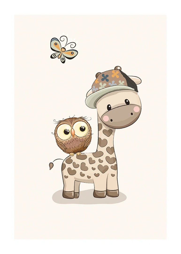 Illustrated giraffe with cap, owl and butterfly in soft colors-12