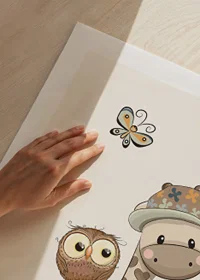 Illustrated giraffe with cap, owl and butterfly in soft colors-9