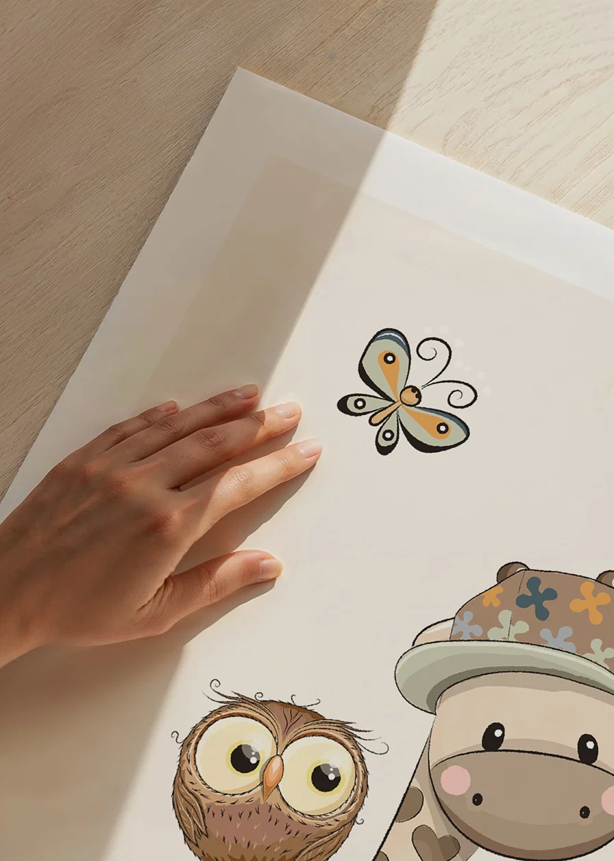Illustrated giraffe with cap, owl and butterfly in soft colors-12