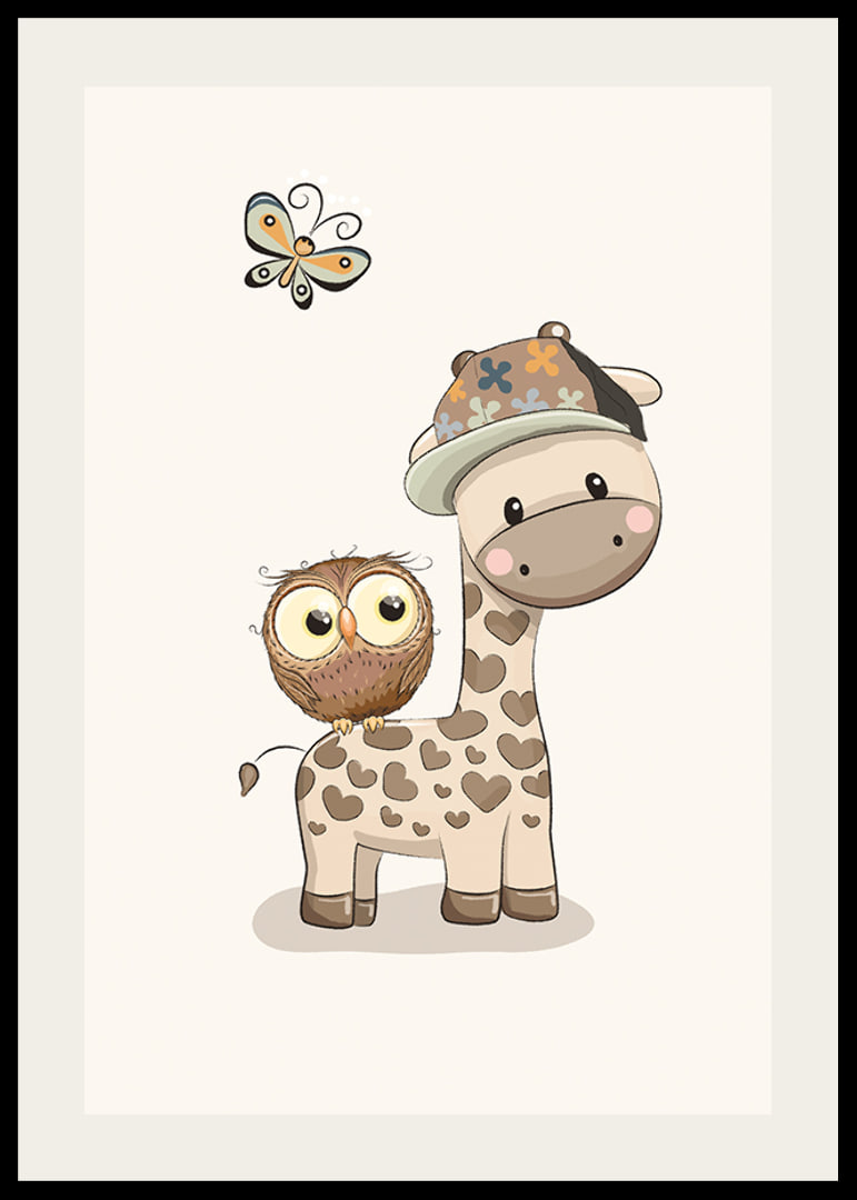 Illustrated giraffe with cap, owl and butterfly in soft colors-12