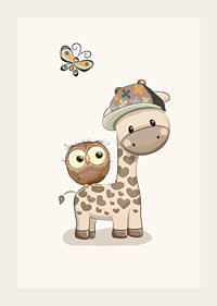 Illustrated giraffe with cap, owl and butterfly in soft colors-3