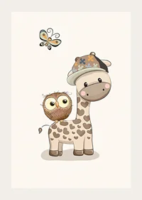 Illustrated giraffe with cap, owl and butterfly in soft colors-3