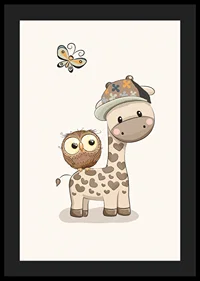 Illustrated giraffe with cap, owl and butterfly in soft colors-4