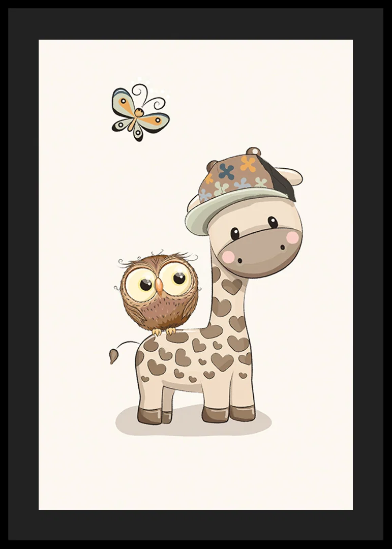 Illustrated giraffe with cap, owl and butterfly in soft colors-12