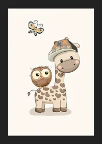 Illustrated giraffe with cap, owl and butterfly in soft colors-5